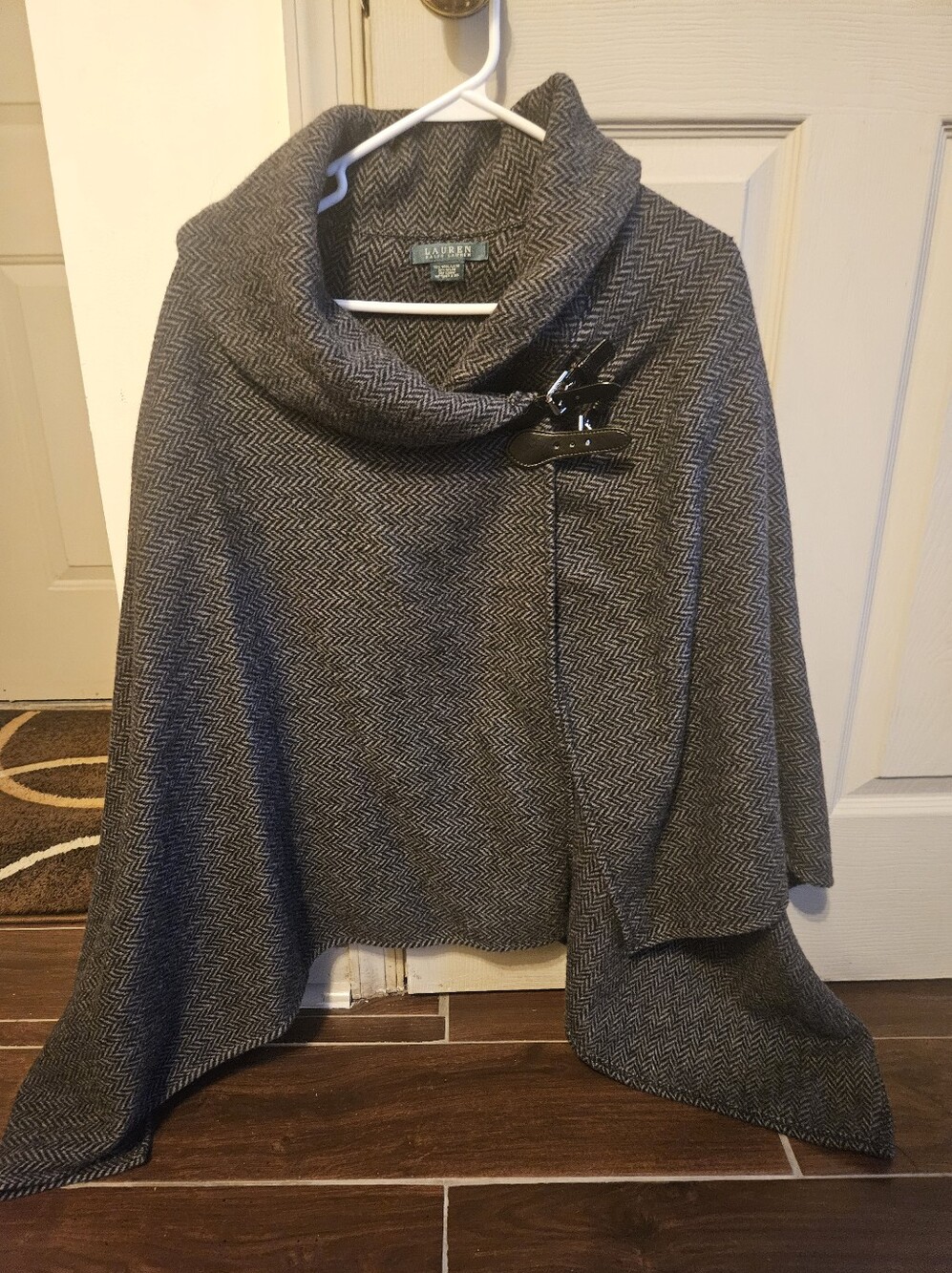 Ralph Lauren Gray Herringbone Wool Blend Cowl Neck Sweater Poncho